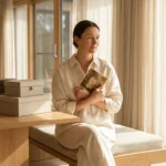 A woman holding a precious photo to her chest in a bright, organized room.