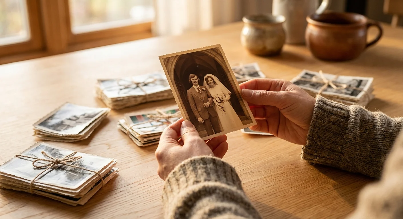 Close-up of hands holding a vintage wedding photo over an organized desk of memories.