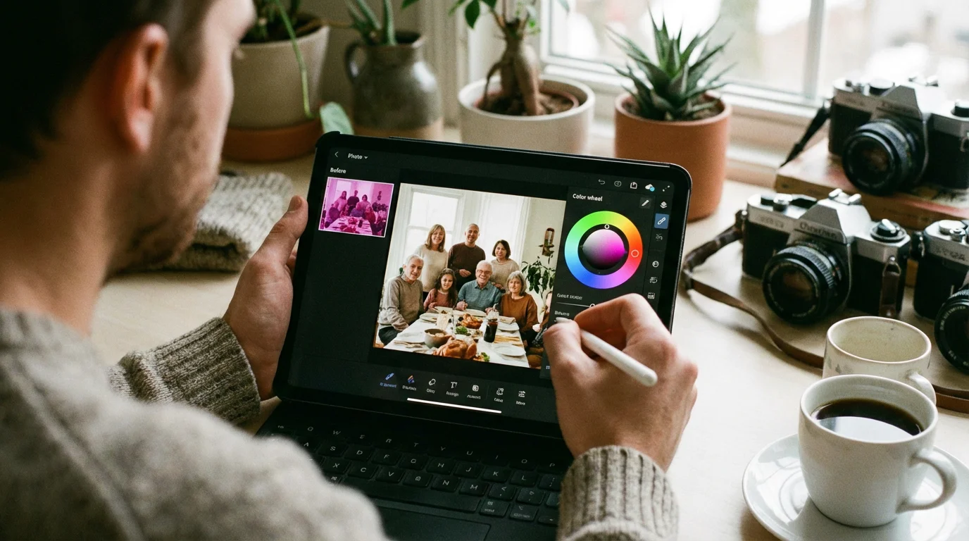Over-the-shoulder view of a person neutralizing a color cast on a digital photo using a tablet.