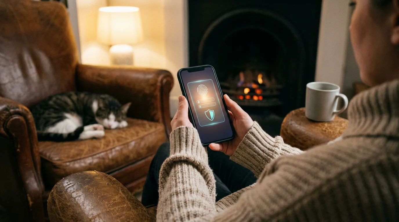 Over-the-shoulder view of a person using a secure smartphone in a cozy room.