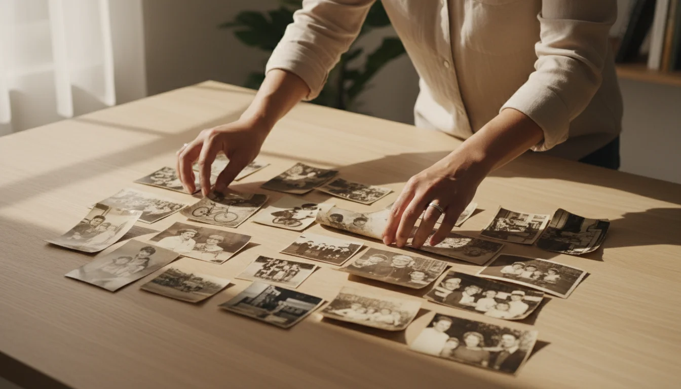 Over-the-shoulder view of hands sorting vintage family photographs on a clean wooden table, illuminated by soft window light.