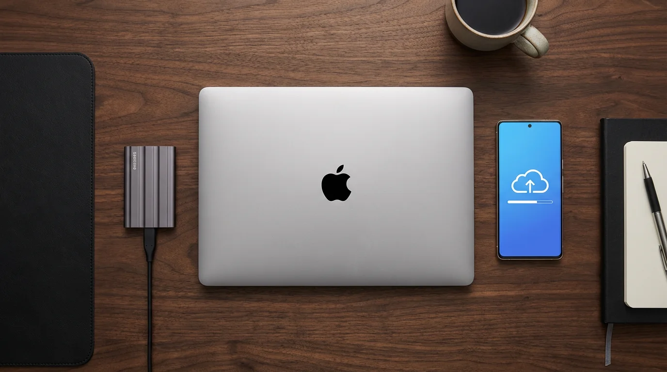 Overhead view of a laptop, external SSD, and a smartphone on a desk representing backup layers.