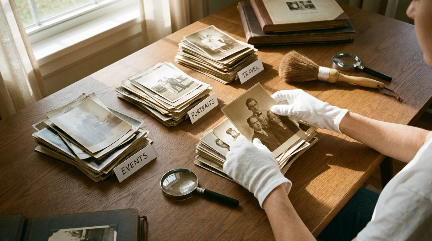 Overhead view of a person in white gloves organizing a collection of vintage photos.