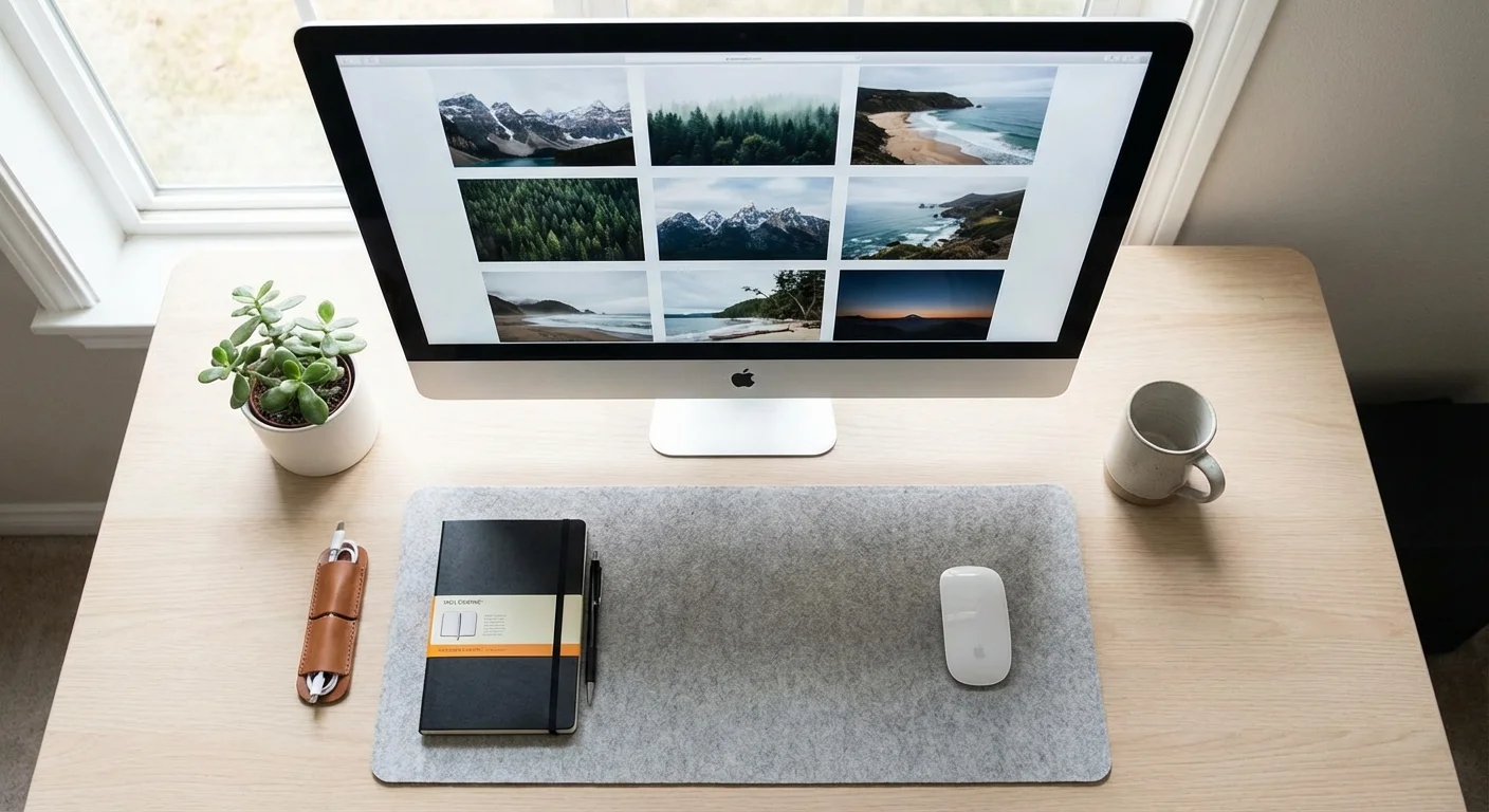 Overhead view of an organized desk with a computer showing a grid of tagged photos.