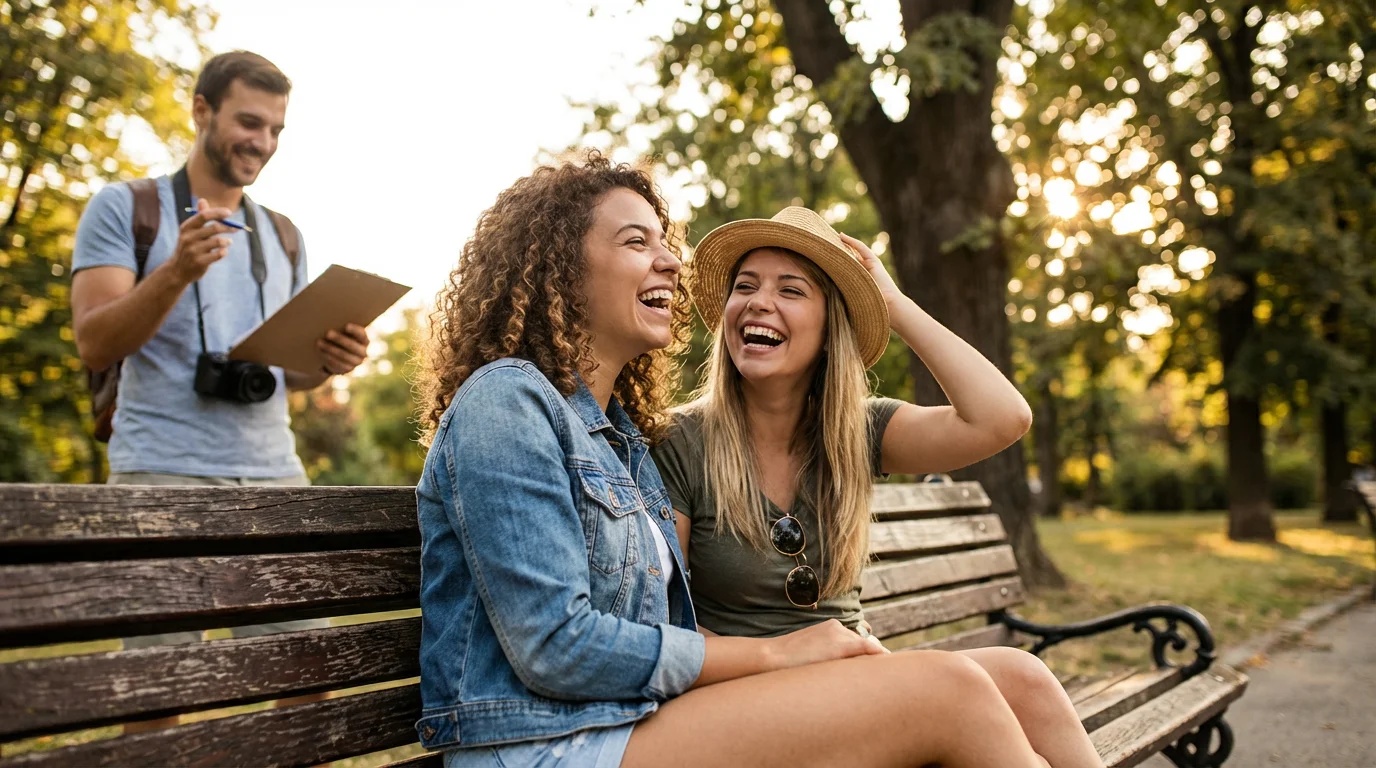 People laughing in a park with a photographer, depicting a model release scenario.