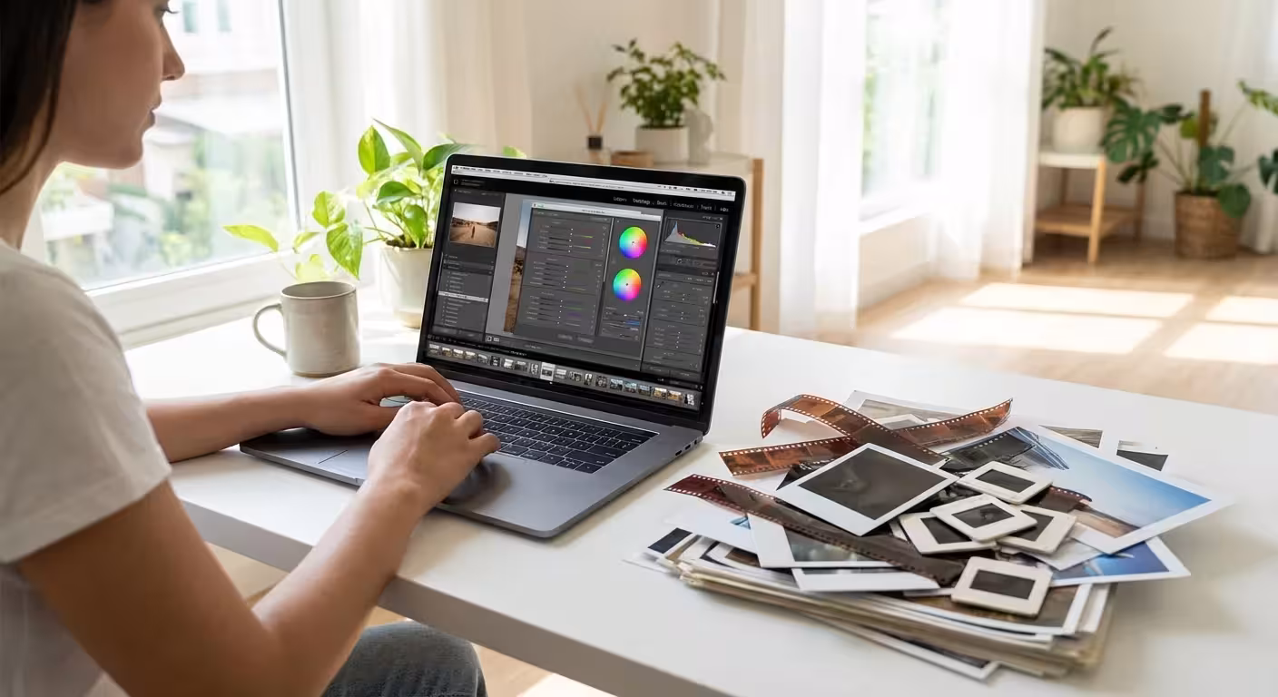 Person using a laptop with photo editing software, surrounded by different types of photographs.