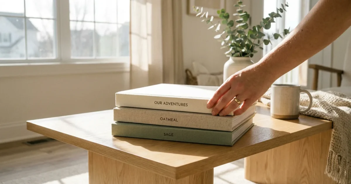 A stack of high-quality linen photo books on a wooden table in a bright room.
