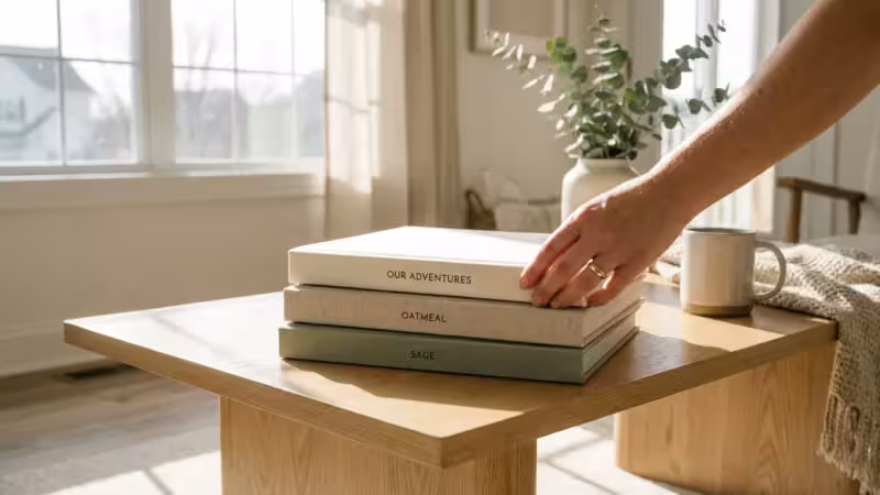 A stack of high-quality linen photo books on a wooden table in a bright room.