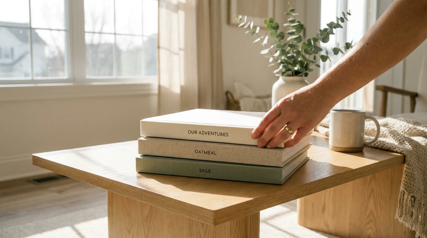 A stack of high-quality linen photo books on a wooden table in a bright room.