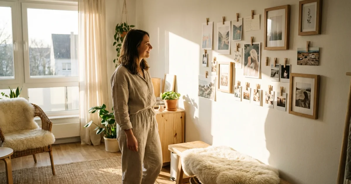 A woman admiring a budget-friendly gallery wall in a sunlit, modern living room.