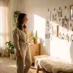 A woman admiring a budget-friendly gallery wall in a sunlit, modern living room.