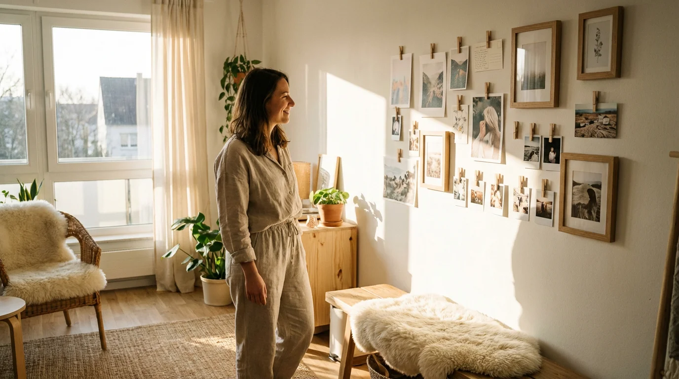 A woman admiring a budget-friendly gallery wall in a sunlit, modern living room.