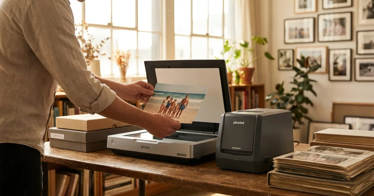 A person digitizing vintage photos using high-end scanners in a sunlit, organized home office.