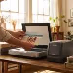 A person digitizing vintage photos using high-end scanners in a sunlit, organized home office.