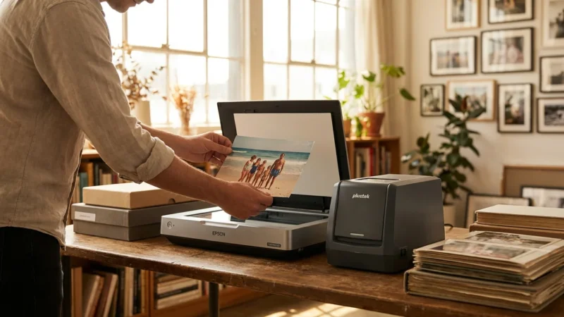 A person digitizing vintage photos using high-end scanners in a sunlit, organized home office.