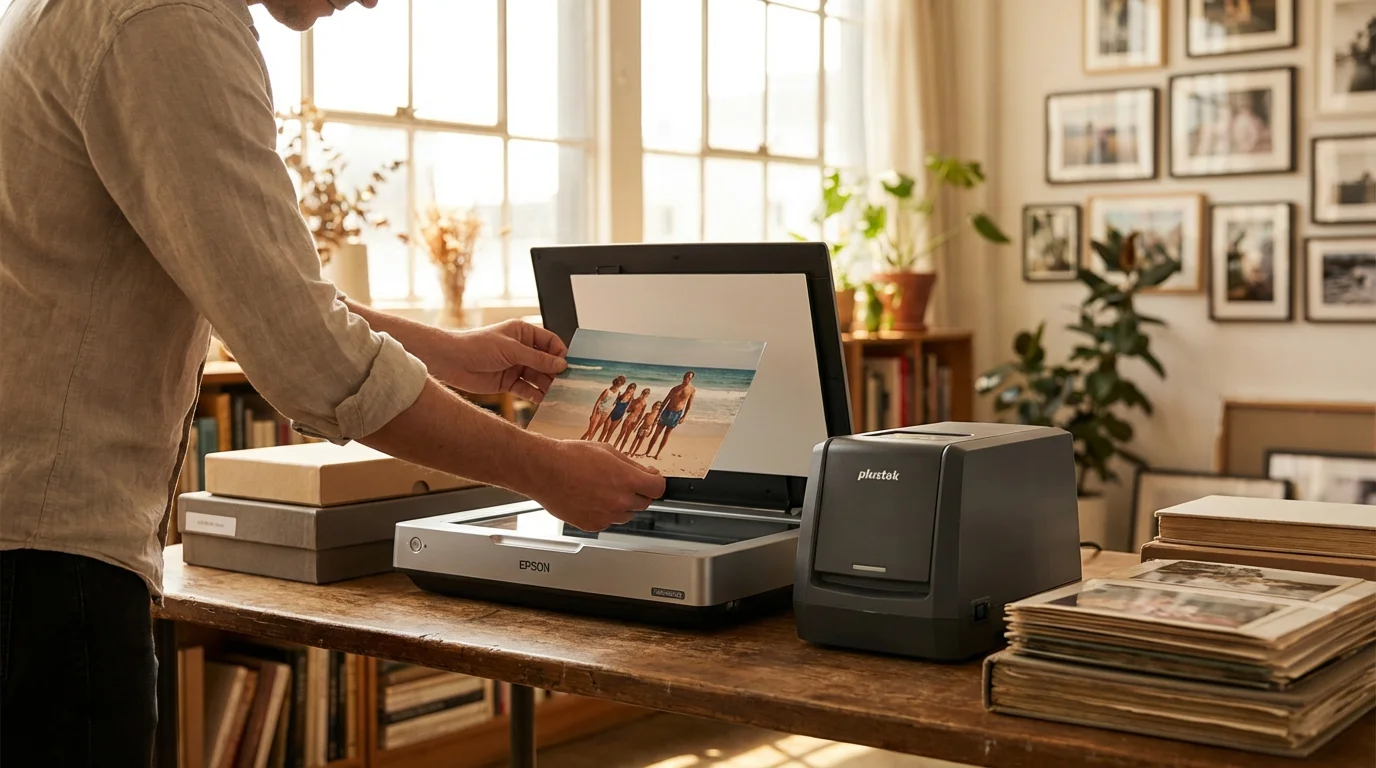 A person digitizing vintage photos using high-end scanners in a sunlit, organized home office.