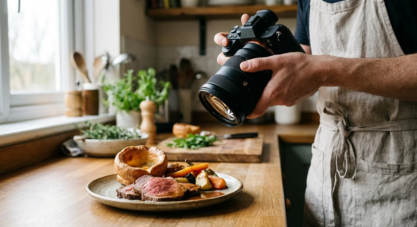 Photographer taking a 45-degree angle shot of a plated dinner in a home kitchen.