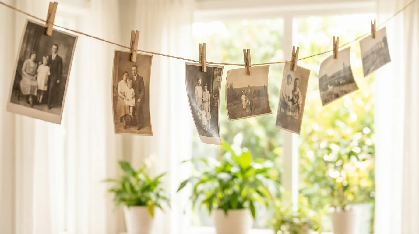 Photographs hanging on a clothesline to air dry in a bright room.