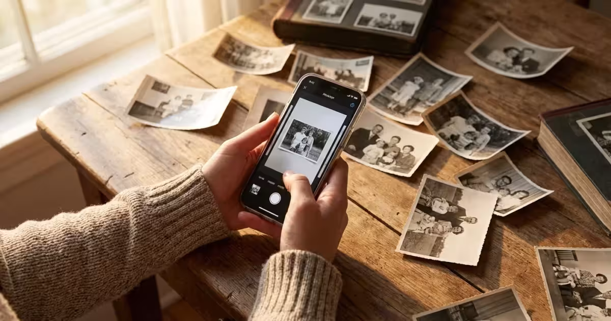A person using a smartphone to scan vintage family photographs on a rustic wooden table in soft natural light.