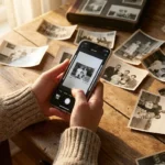 A person using a smartphone to scan vintage family photographs on a rustic wooden table in soft natural light.