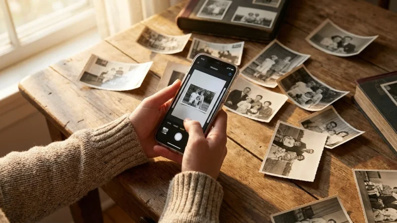 A person using a smartphone to scan vintage family photographs on a rustic wooden table in soft natural light.