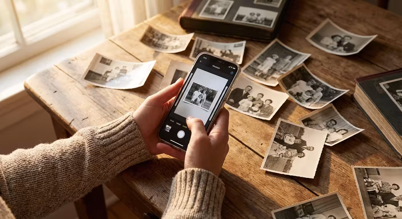 A person using a smartphone to scan vintage family photographs on a rustic wooden table in soft natural light.