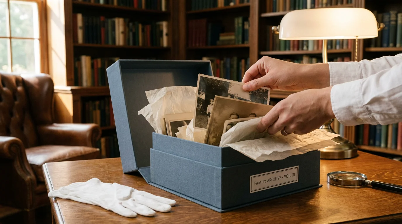 Photos being placed into a professional archival storage box for long-term preservation.