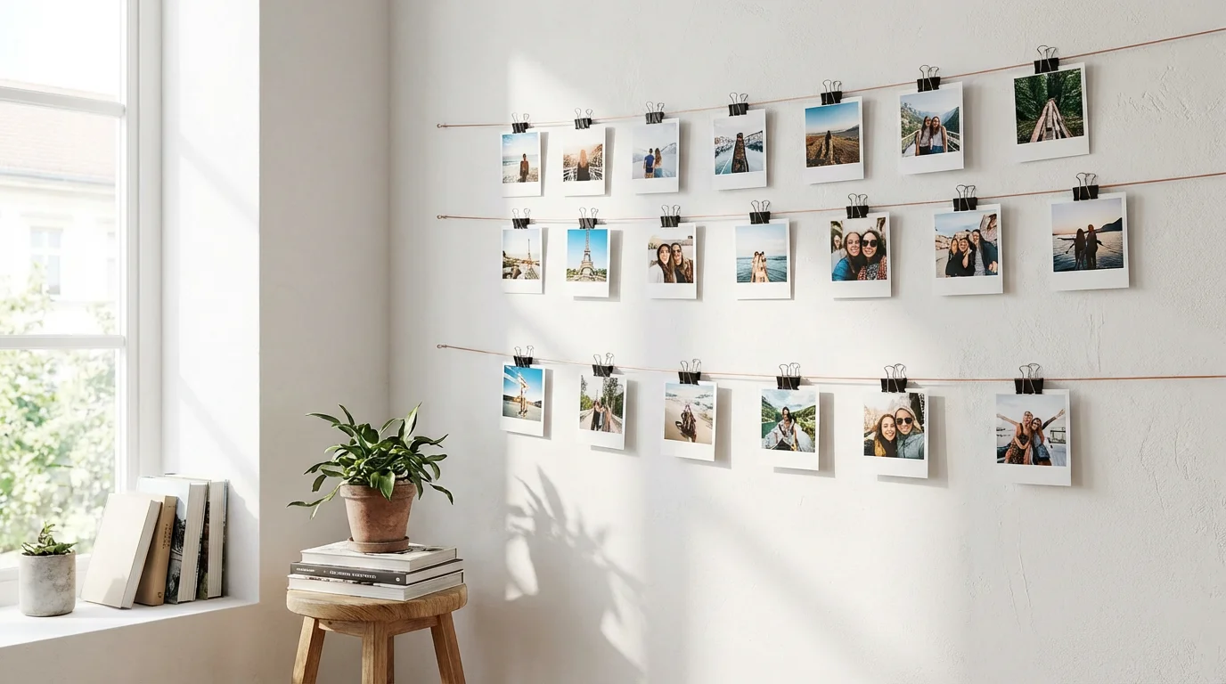 Photos hanging from a copper wire with small black binder clips.