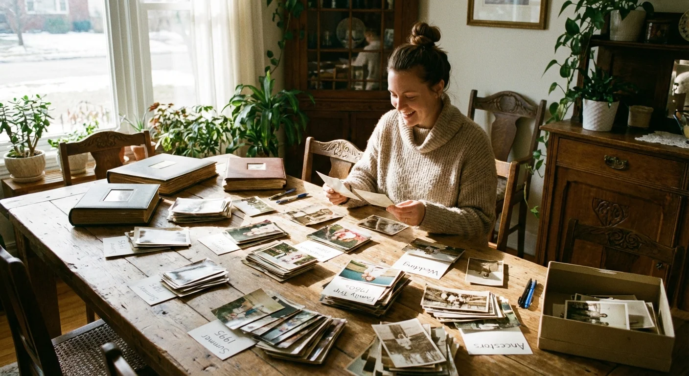 Photos organized into neat piles on a table with handwritten labels.