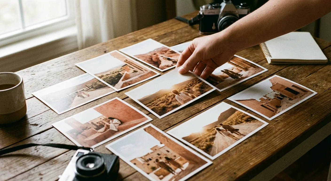 Physical photos with matching color tones spread across a wooden table.