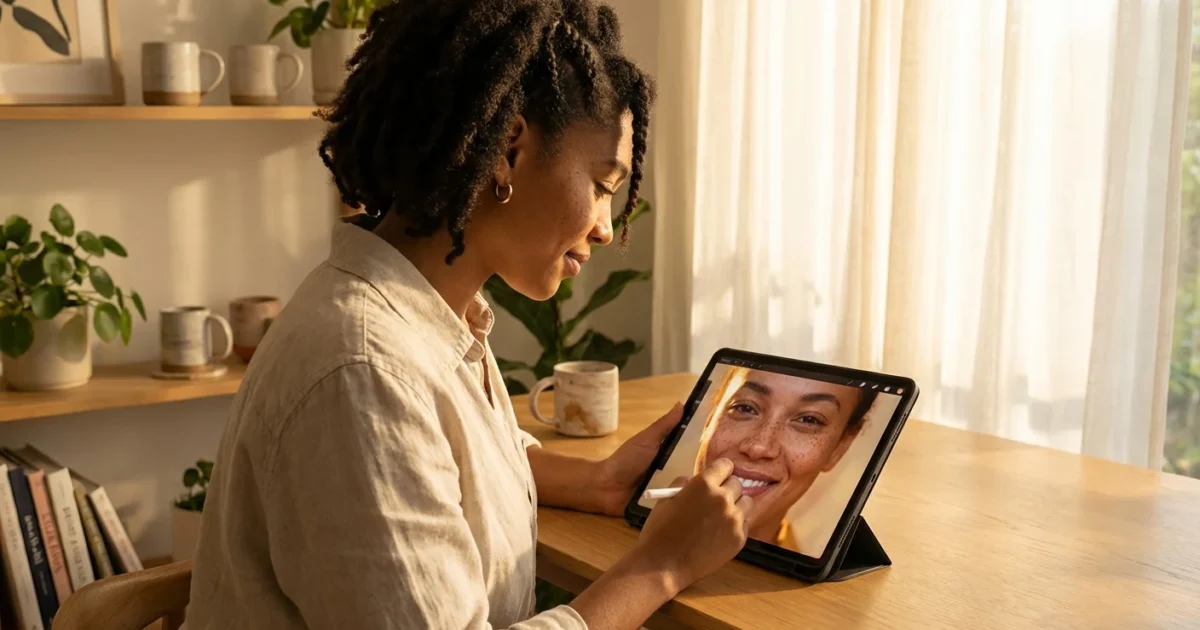 A photographer editing a natural portrait on a digital tablet in a bright, warm home studio.