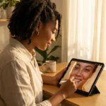 A photographer editing a natural portrait on a digital tablet in a bright, warm home studio.
