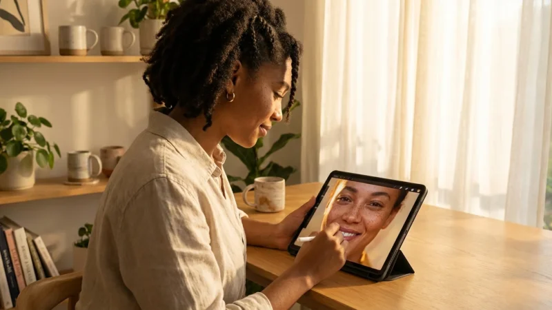 A photographer editing a natural portrait on a digital tablet in a bright, warm home studio.