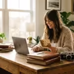 A woman at a desk organizing digital and physical family photos in a sunlit room.