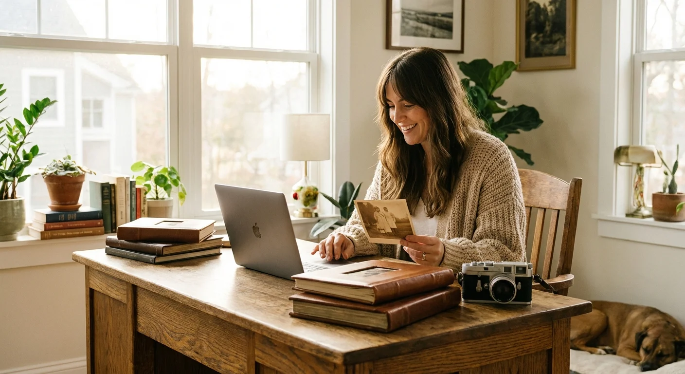 A woman at a desk organizing digital and physical family photos in a sunlit room.