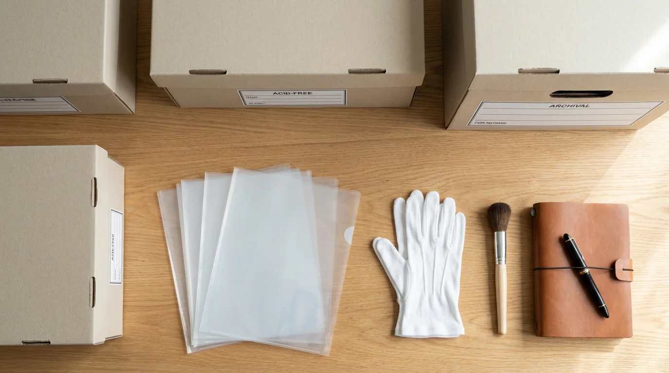Professional archival photo storage supplies and white gloves on a wooden desk.