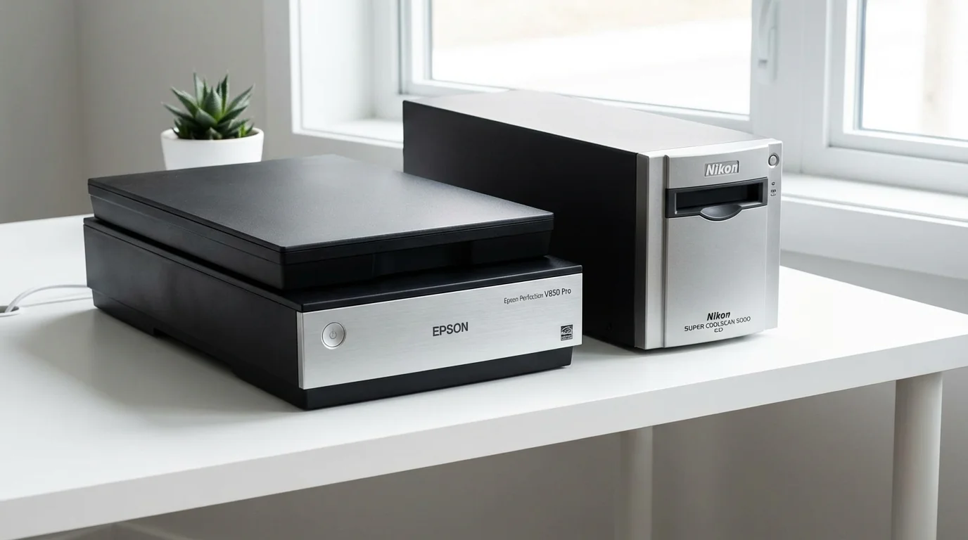 Professional film and flatbed scanners sitting on a clean, modern desk with soft lighting.