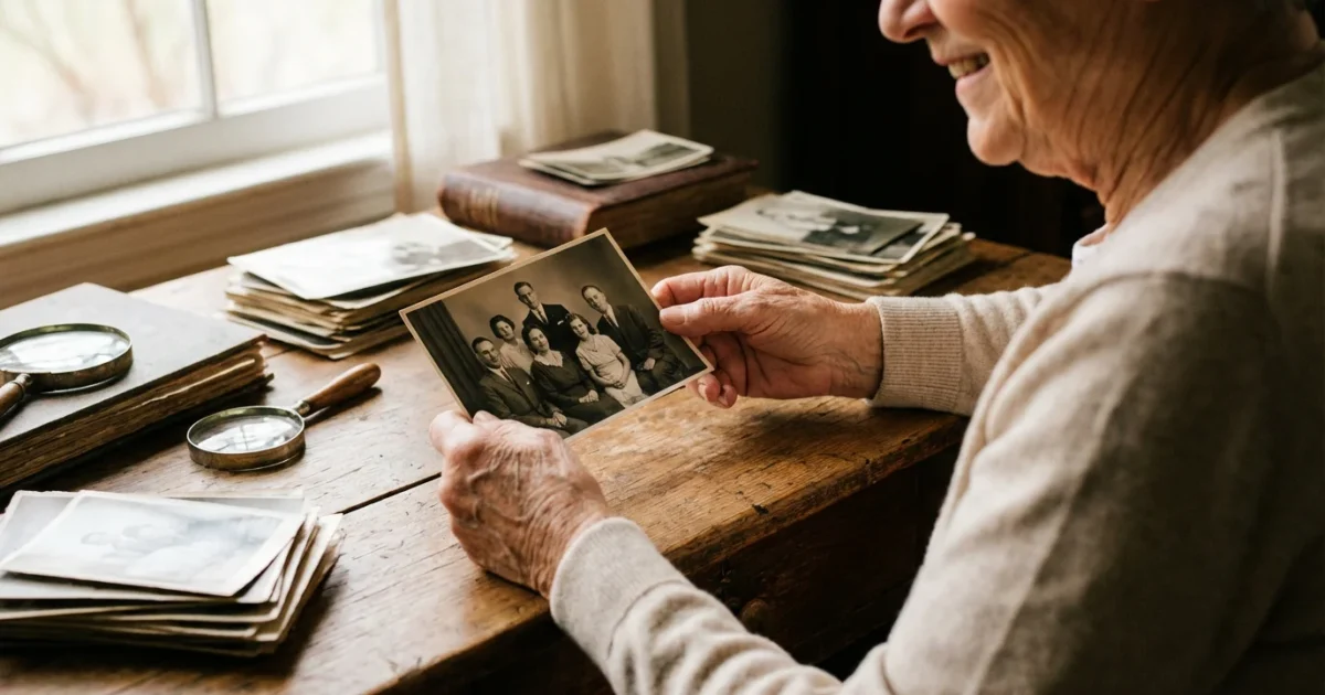 A person carefully holding an old family photograph at a desk with organized photo stacks.
