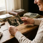 A person carefully holding an old family photograph at a desk with organized photo stacks.