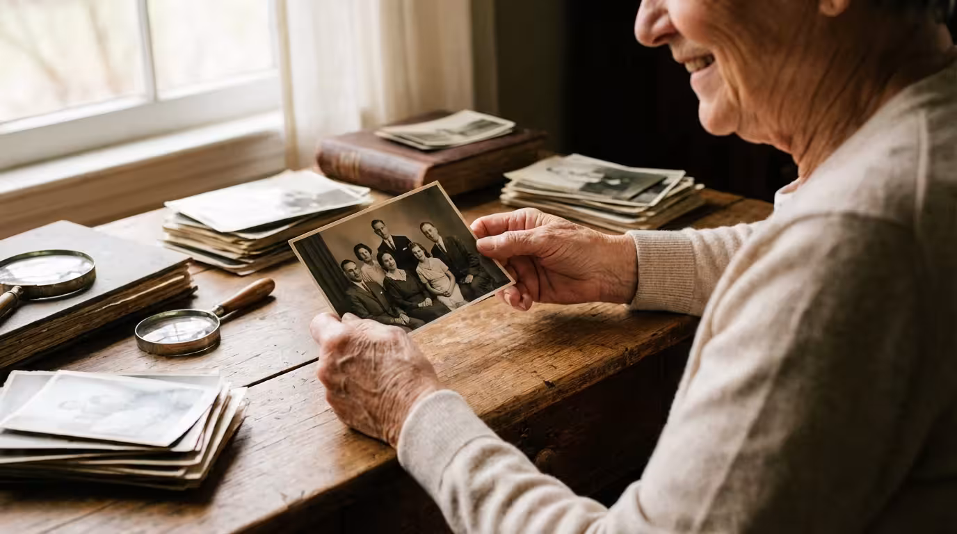A person carefully holding an old family photograph at a desk with organized photo stacks.