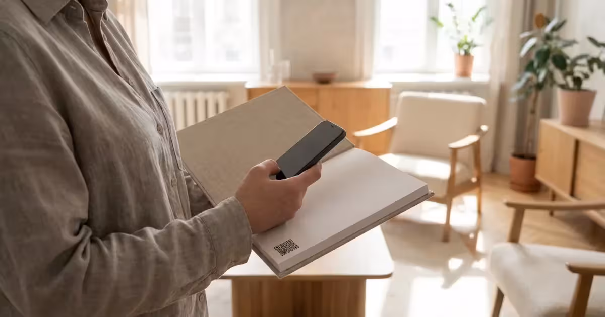 A person scans a QR code in a high-quality photo book using a smartphone in a bright living room.