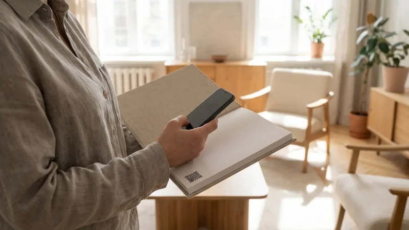A person scans a QR code in a high-quality photo book using a smartphone in a bright living room.