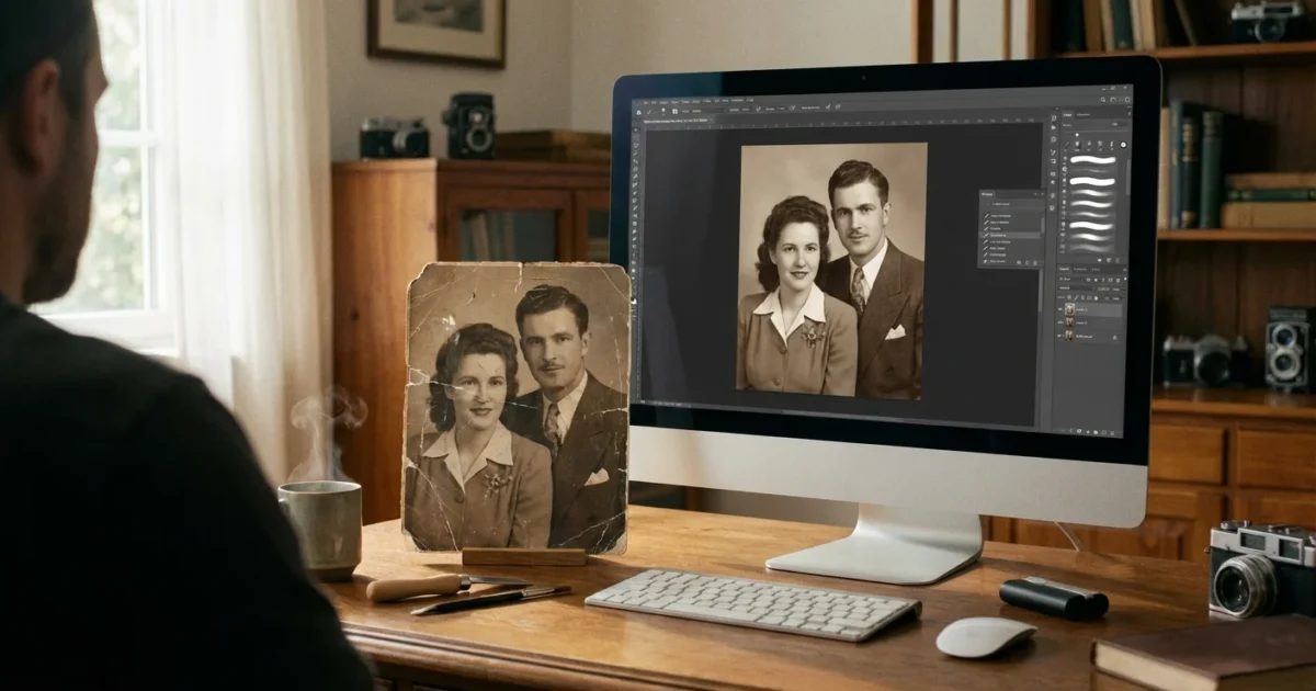 A person digitally restoring a scratched vintage photograph on a computer in a sunlit home office.