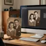 A person digitally restoring a scratched vintage photograph on a computer in a sunlit home office.