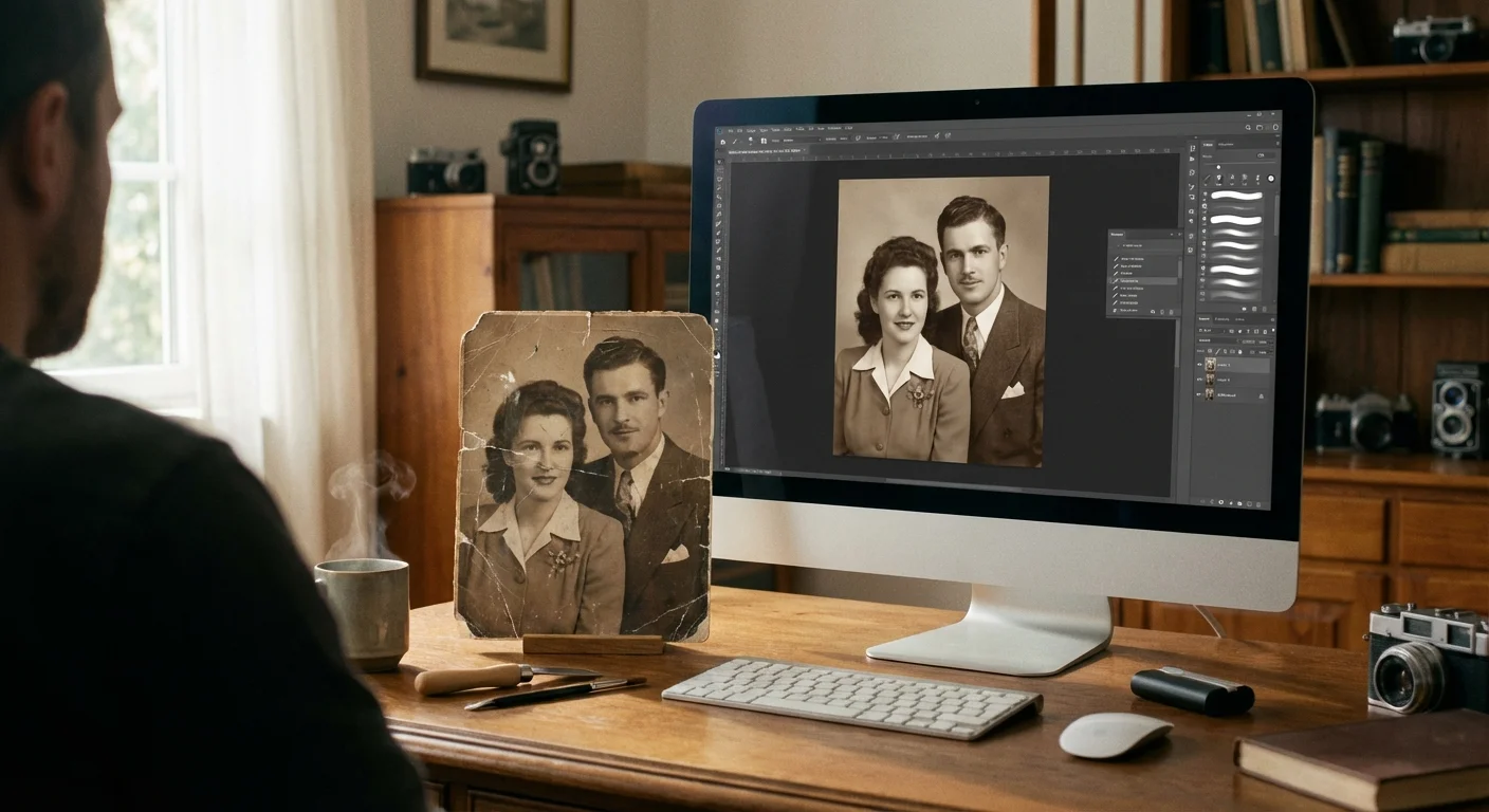 A person digitally restoring a scratched vintage photograph on a computer in a sunlit home office.