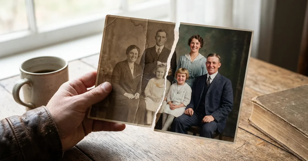 A hand holding a vintage photo showing a before-and-after restoration effect from faded sepia to vibrant color.