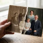 A hand holding a vintage photo showing a before-and-after restoration effect from faded sepia to vibrant color.