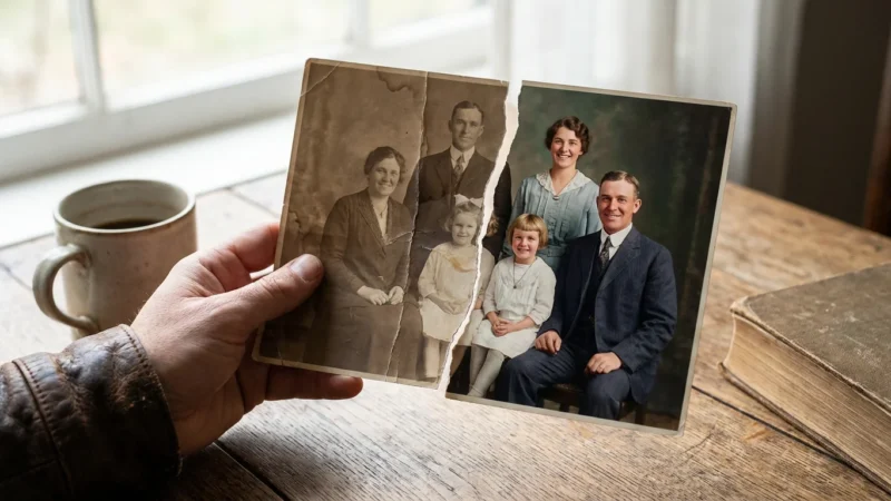 A hand holding a vintage photo showing a before-and-after restoration effect from faded sepia to vibrant color.