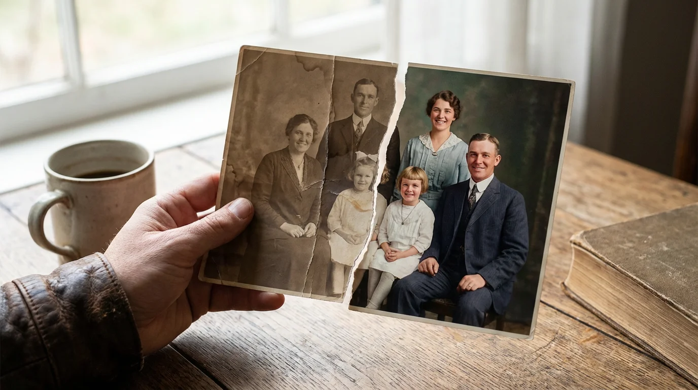 A hand holding a vintage photo showing a before-and-after restoration effect from faded sepia to vibrant color.