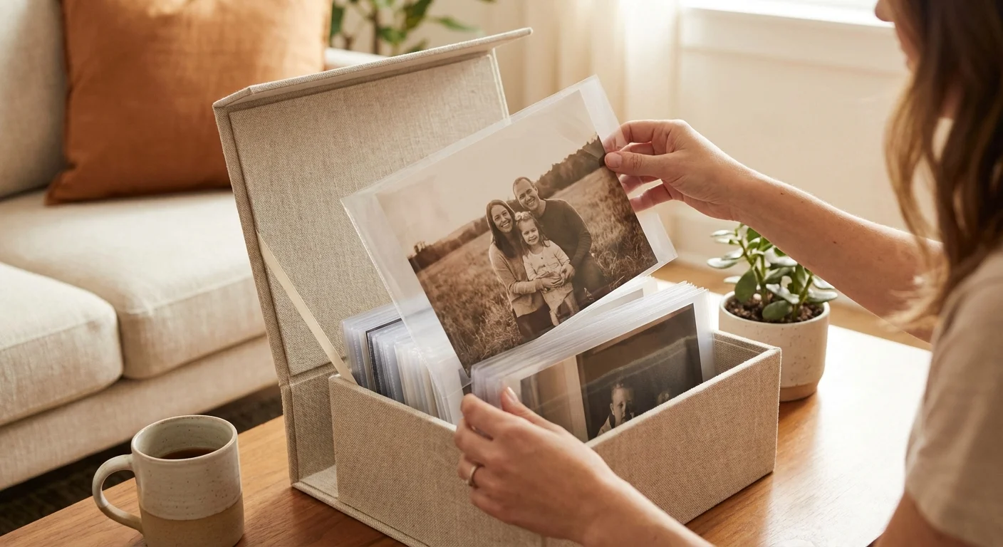 Restored photos being placed into archival sleeves and a storage box.